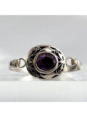 Purple Amethyst Swirly Openwork Carved Silver T Chunky Vintage Bracelet | Bangle